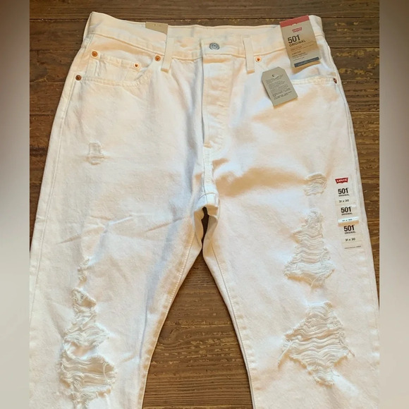 NWT Levi’s 501 Original Fit Straight Leg Jeans Distressed White Denim - Picture 12 of 14